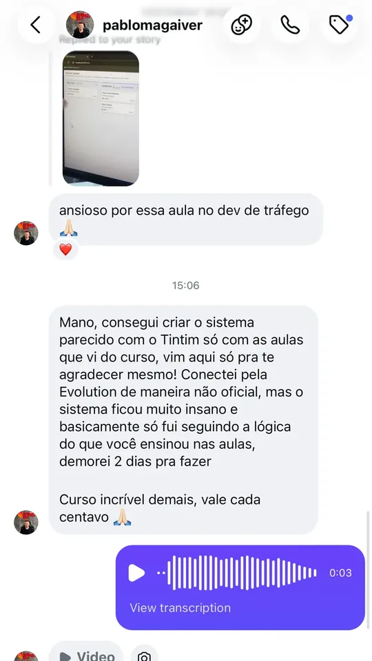 Mensagem do aluno Pablo contando que construiu um sistema parecido com o Tintim usando a lógica das aulas