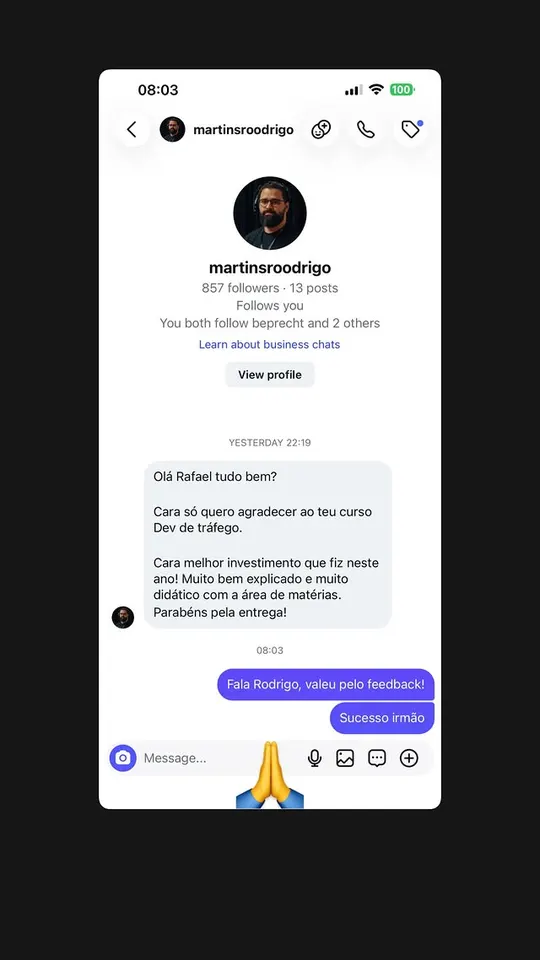Mensagem do aluno Rodrigo agradecendo pelo curso Dev de Tráfego